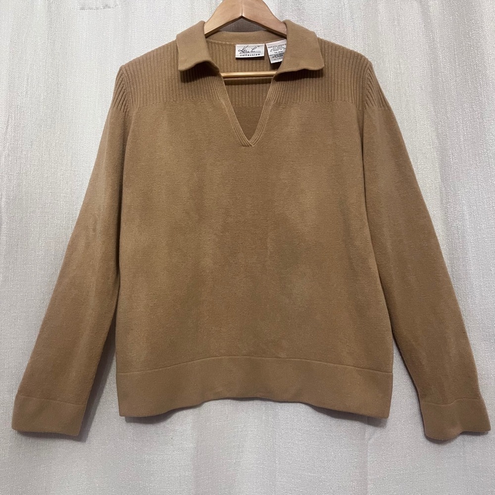 Kathie Lee Collection Womens Vintage  Tan Collared V Neck‎ Knit Sweater XL 16/18